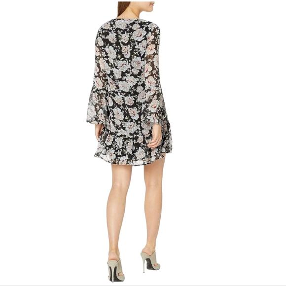 ONE HART Black Teal Floral V Neck Bell Sleeves Ruffle Hem Mini Dress Size M - Picture 2 of 13